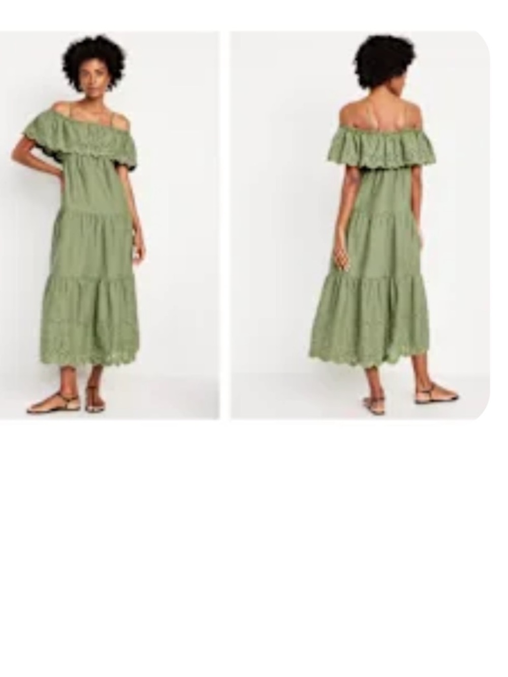 NWOT $55 Old Navy Olive Green Off-Shoulder Tiered Maxi Dress with Eyelet Detail - Picture 2 of 9